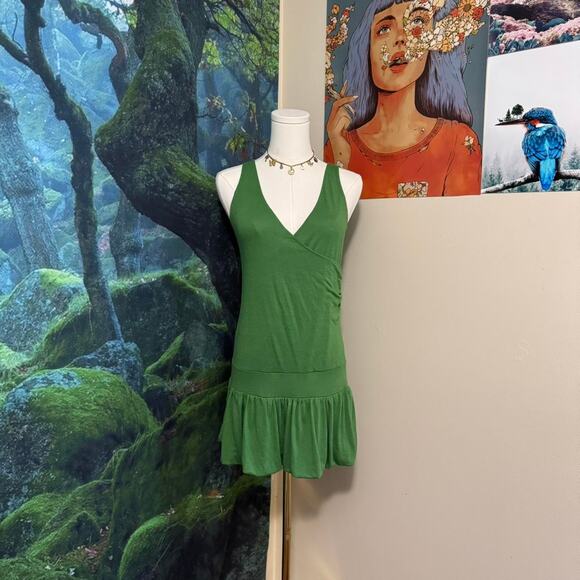 licorice green ruffle hem mini dress y2k retro summer casual - Picture 2 of 5